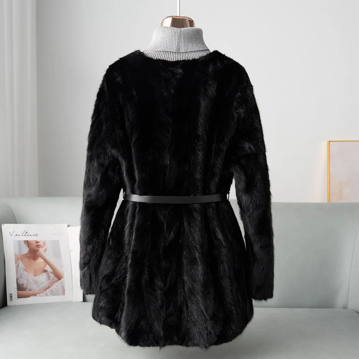 2025 inverno real casaco de pele de vison retalhos de pele de vison médio a longo com decote em v jaqueta de pele de alta qualidade