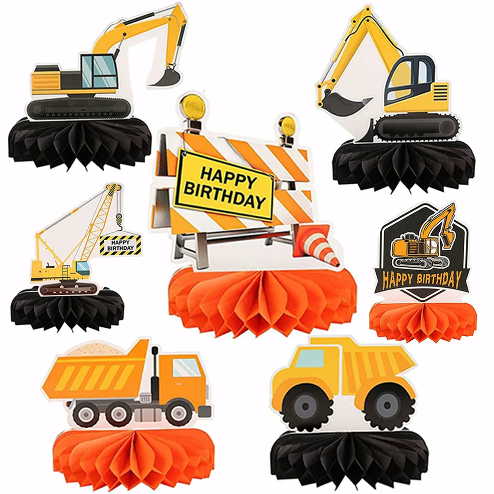 

7Pcs Construction Kids Baby Shower Birthday Party Honeycomb Centerpieces Table Toppers Dump Truck Car Cone Table Decorations