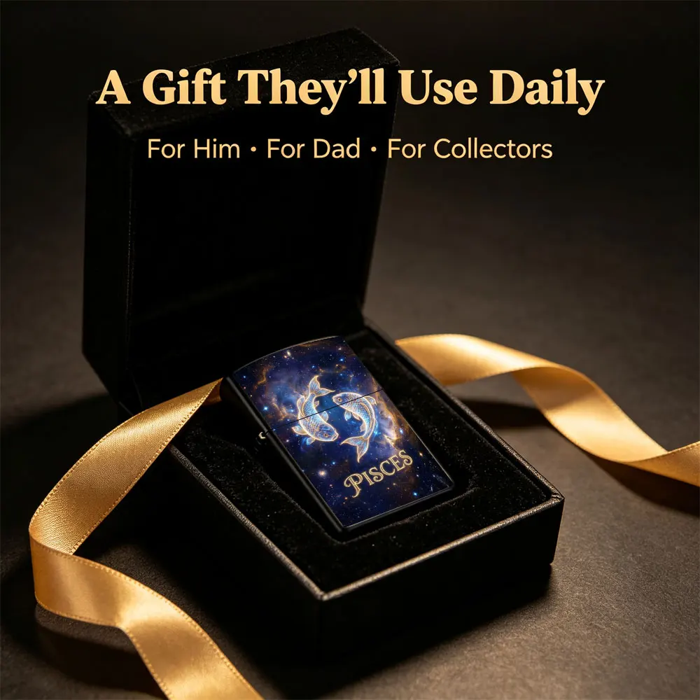 Pocket Lighter, Pisces Zodiac Sign Galaxy Center Print, Metal Flip-Top Windproof Design, Comfortable Grip, Portable Igniter