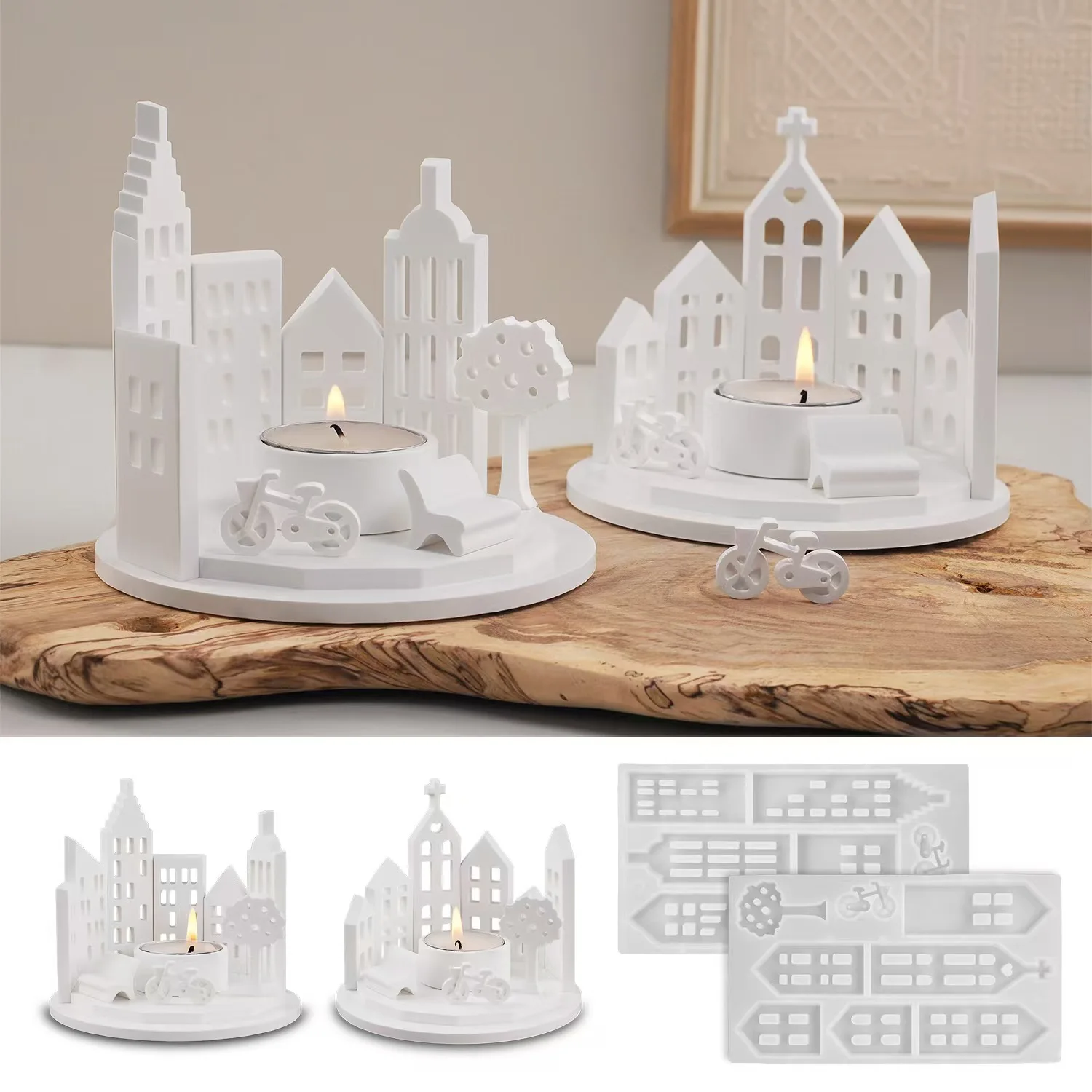 Ring House Building Candle Holder Silicone Mold Combination DIY Aromatherapy Gypsum  Pouring Ornaments Resin Mold Home Decor