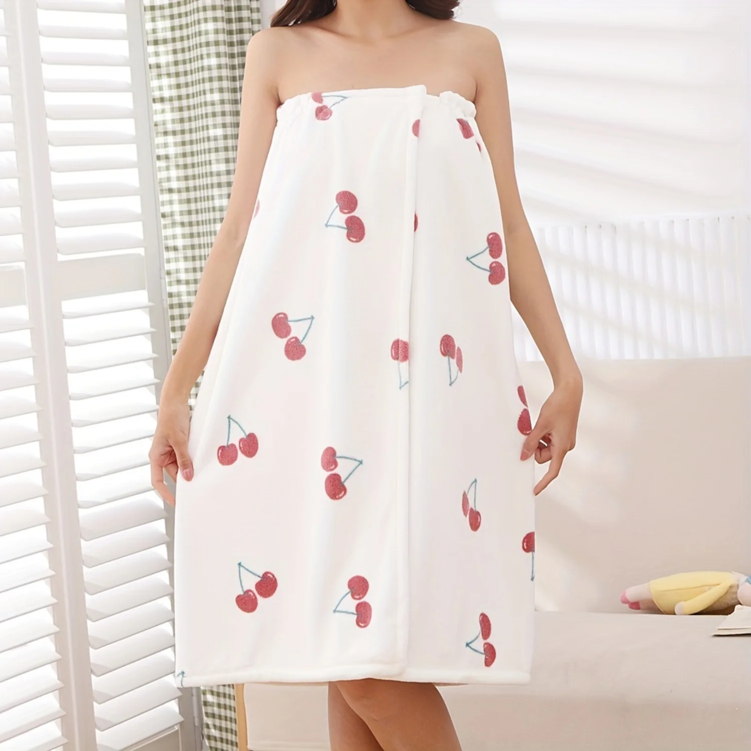 1 PC Super Absorbent Cherry พิมพ์ผู้หญิงผ้าเช็ดตัว Robe |   เสื้อคลุมอาบน้ําแบบปรับได้สําหรับสปา ซาวน่า ชายหาด และสระน้ํา - ห้องน้ําในอุดมคติ