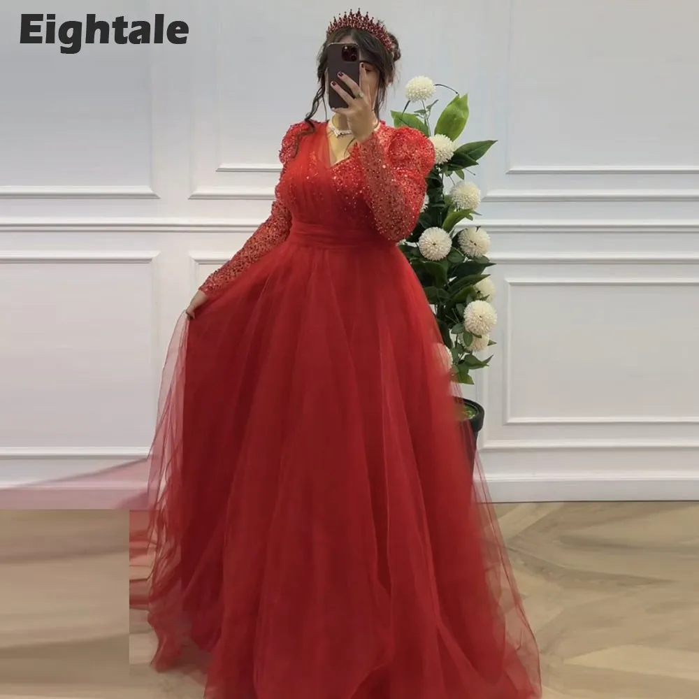 Eightale Red Evening Dress for Wedding Party Tulle Customized Arabic V-Neck Sequined Long Sleeves Formal Prom Gowns Vestido