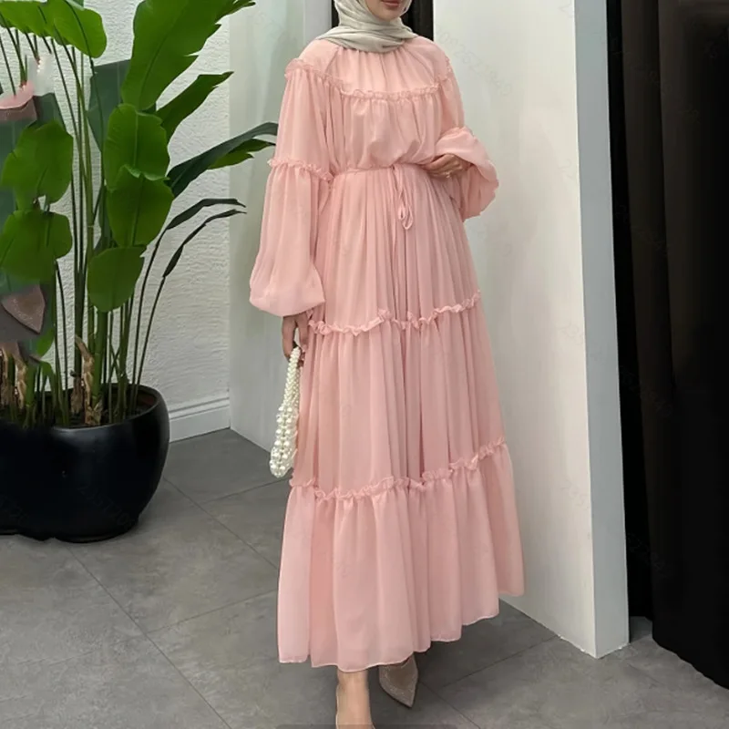 Robe musulmane du moyen-orient pour femmes, couleur unie, décontractée, tendance, élégante, ample, col rond, manches lanternes, avec ceintures, nouvelle mode 2025