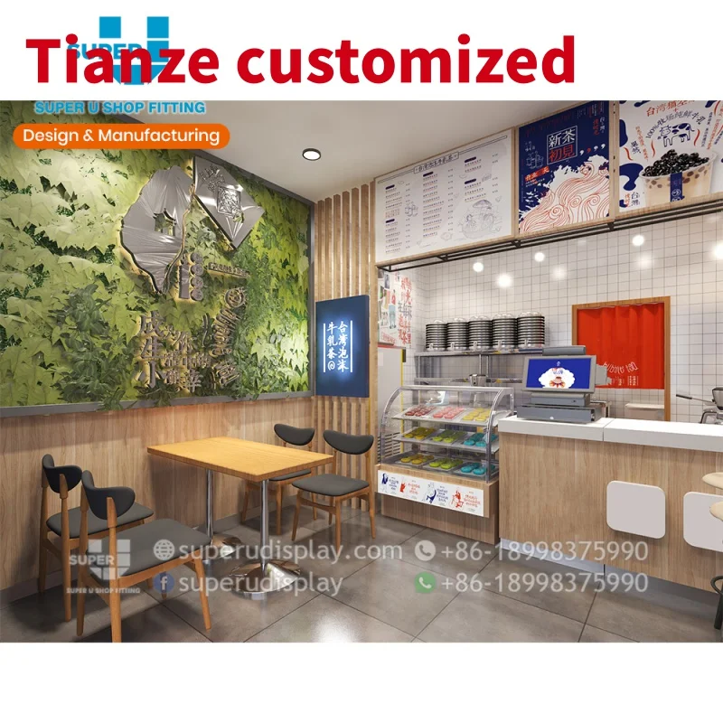 (customized)Retail Bubble Tea Display Stand Wooden Fixtures And Fittings Factory Supply New Attractive Milk Tea Shop Decoration