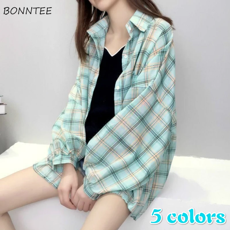 Shirts Women Korean Plaid Chic Batwing Sleeve Summer Sun-protection Femme Preppy Simple Basic Girls Top Breathable Ins