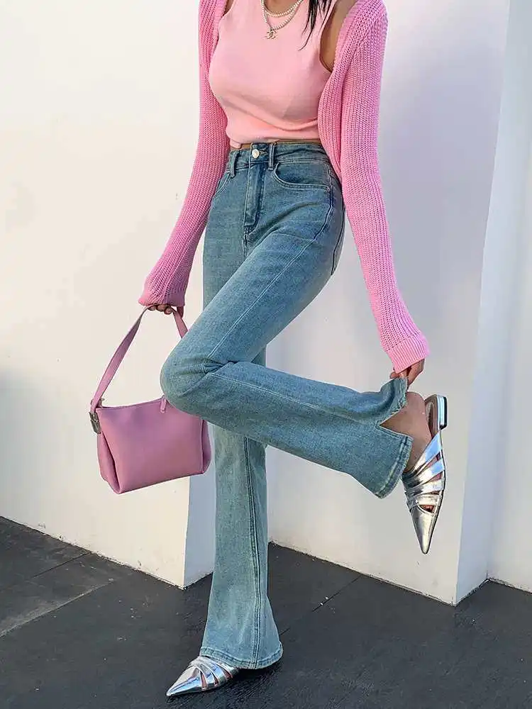 

High Waist Bell Bot Jeans Women's Spring New All Matching Clean Fit PU Fabric Waed Effect Blue Denim mid Elastici