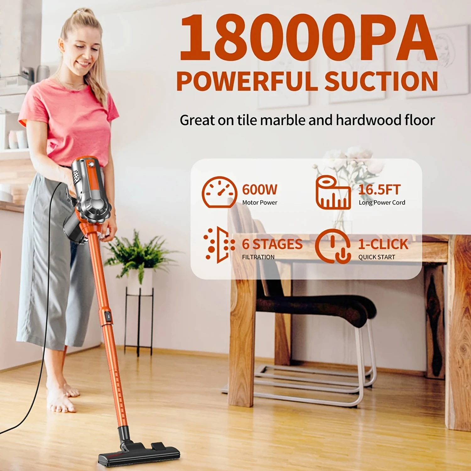 

600w 18KPa Handheld Vacuum, Low-Noise, 4-in-1, for Pet Hair/Floors/Carpets—(EU Standard: 220V-240V)