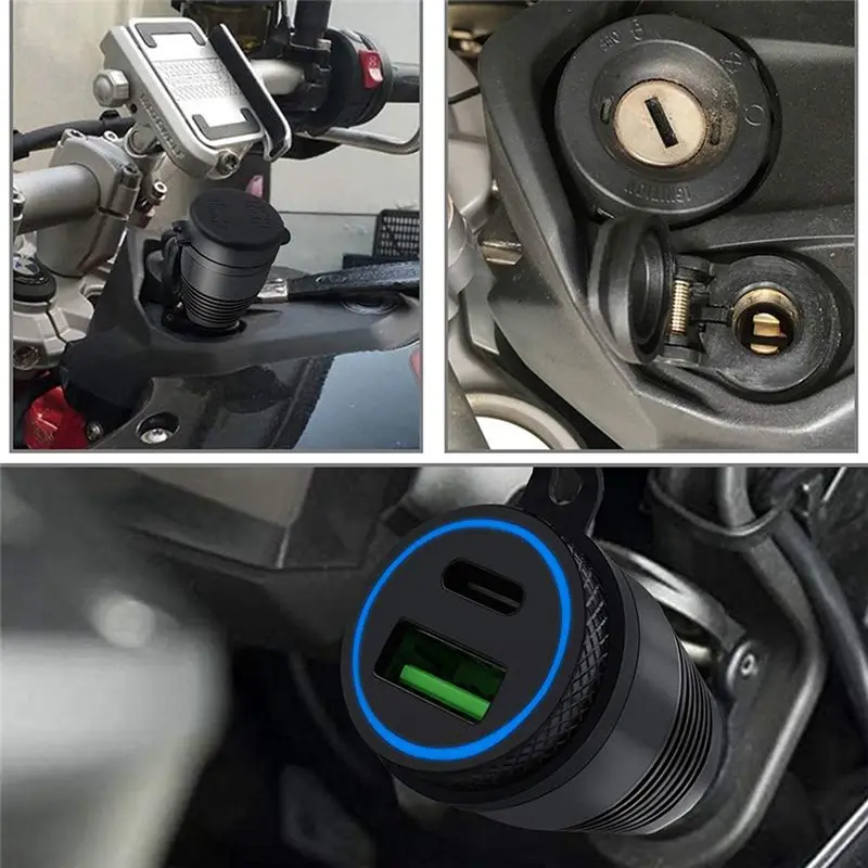 Motorcycle DIN Plug Waterproof To QC3.0 USB & Type C 30W Power Delivery Adapter Socket-ABQA