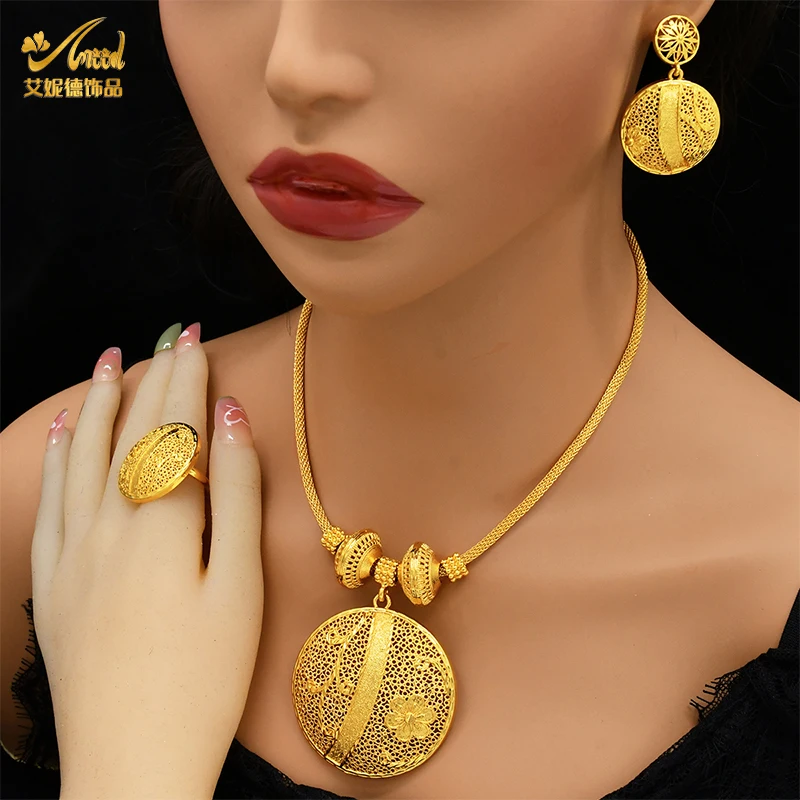 ANIID Hot Ethnic Bridal Pendant Necklace Earrings Ring Sets Antique 24k Gold Plated Necklace For Women Indian Jewelry Wholesales