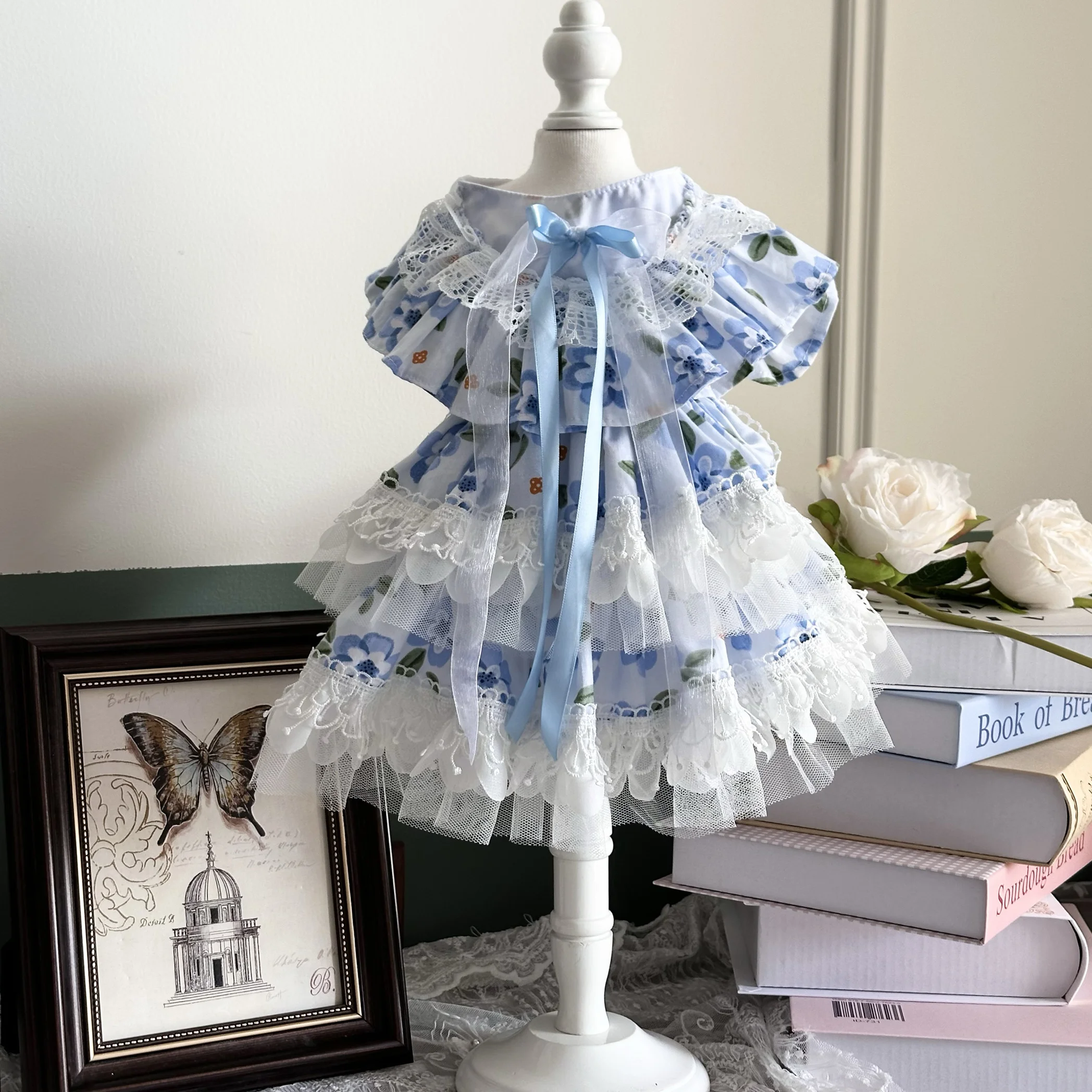 

2025 Spring Summer Pet Clothes Pure Cotton Handmade Flower Print Cute Bow Princess Dresses For Small Medium Dog Puppy Dog Skirts