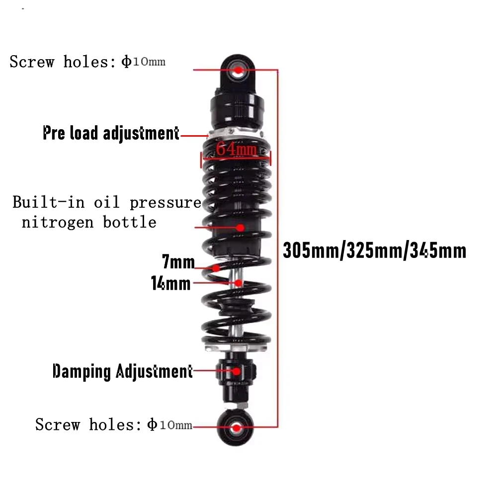 1pcs 7mm Spring 305/325/345mm Adjustable damping Motorcycle Scooter Rear Shock AbsorberFor Honda Yamaha Kawasaki NIU Ninebot ATV