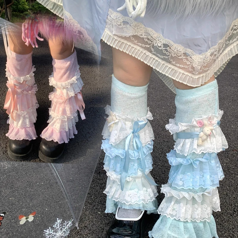 Japanese Cute Two-tone Lace Splicing Cake Hosiery Autumn New Design Sweet Versatile Age-reducing Slimming Leg Warmers Ladies