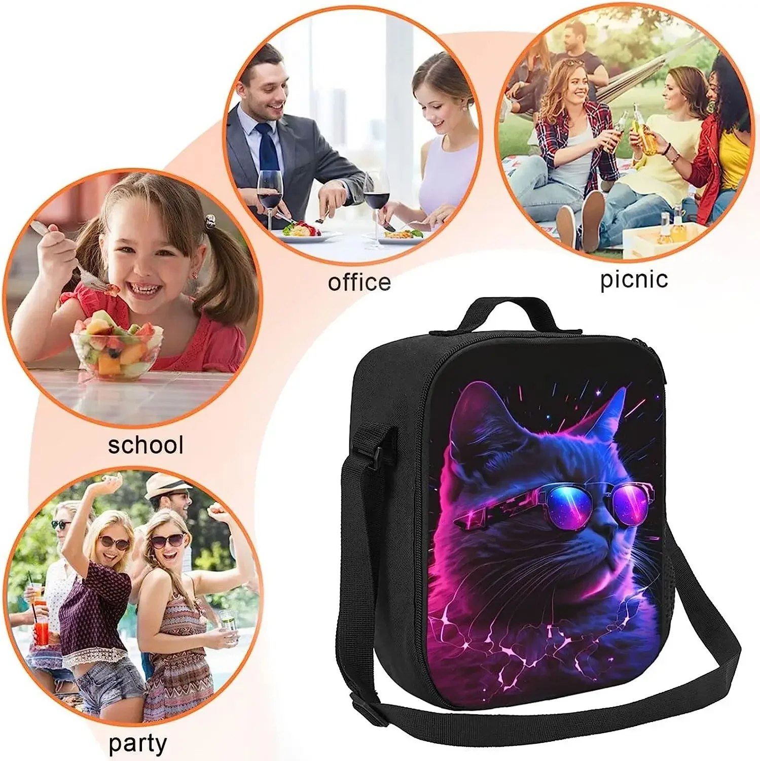 Cute Purple Cat Lunch Bag with Shoulder Strap School Bento Lunchbox for Kids Teens Black Reusable Cooler Thermal Meal Tote Kit