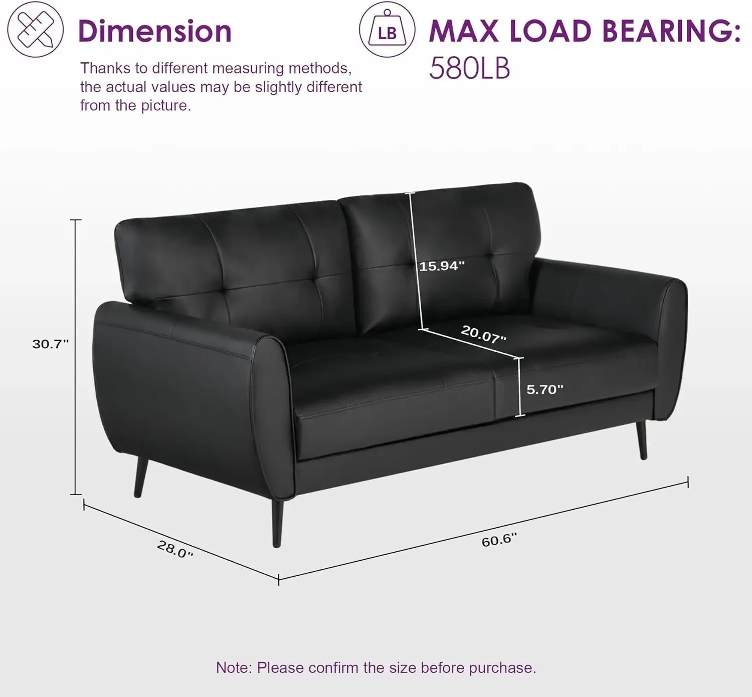 [Frete grátis! ]Sofá sofá 61 "pequeno loveseat sofás para sala de estar, sofá de couro sintético preto meados do século moderno tufado mini s