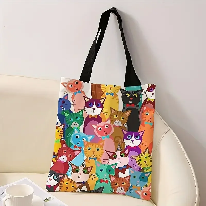 Colorful Kitten Pattern Printed Casual Handbag Reusable Fashionable Backpack Multifunctional Canvas Shopping Bag