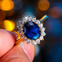 Luxury Female Crystal Blue Oval Zircon Stone Engagement Ring Vintage Yellow Gold Color Wedding Jewelry For Women