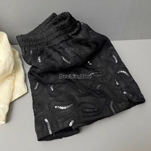 

2025 новые китайские ретро-модные стильные шорты с вышивкой и блестками для женщин, свободные повседневные короткие брюки с эластичной резинкой на талии и разрезом на талии