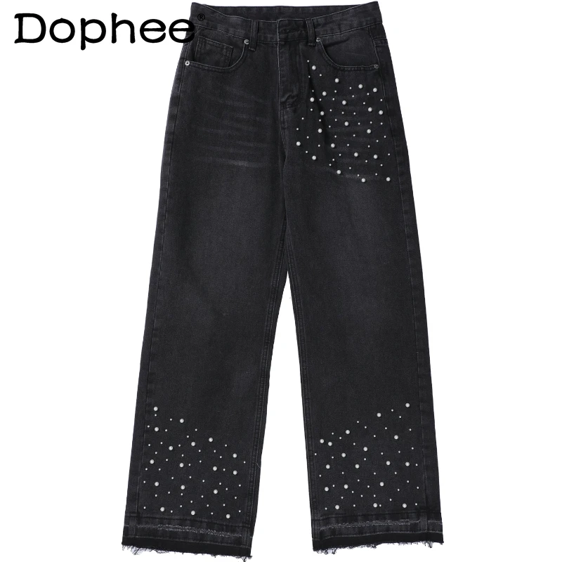 

2025 Autumn New Original Men's Fashion Beaded Design Jeans Masculinity Loose Chic Straight Denim Long Pants Trend Denim Trousers