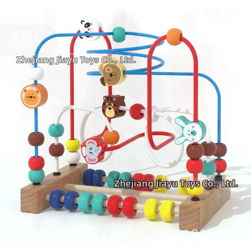 Educational Wooden Bead Toys for Children - Animal & Fruit Three-Block Bead Winder Color Box Model Beech Wood Infants & Kids