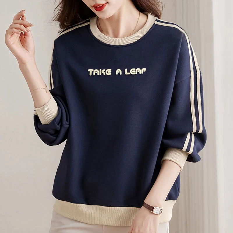 New Spring and Autumn Fashion Splice Letter Embroidery Foreigner Versatile Loose Round Neck Casual Women\'s Long Sleeve Sweater