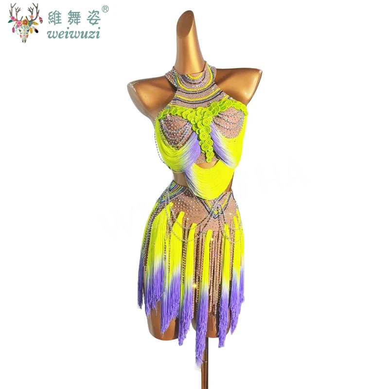 Latin Dance Dresses Customized Luxury Rhinestone Gradient Tassel Dress Adults and Children Tango Samba Rumba Competition Outfit