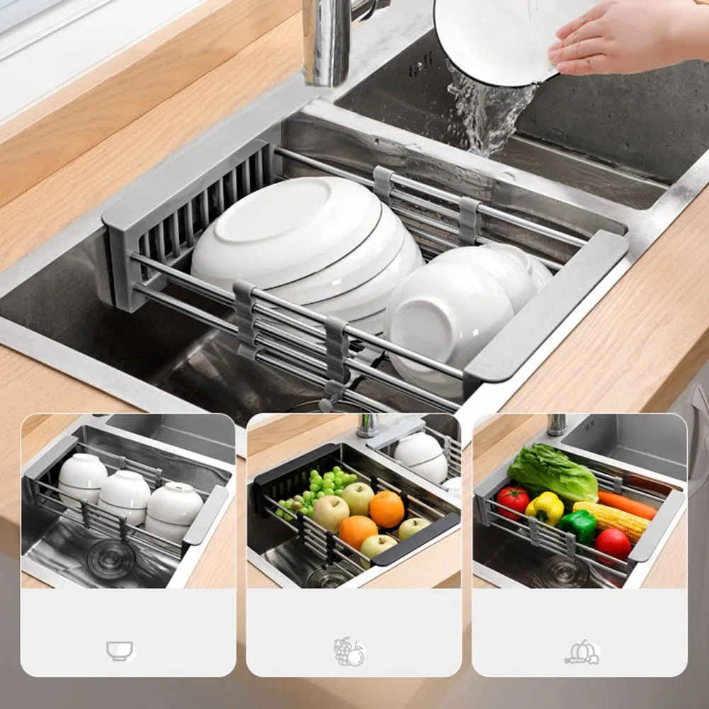 Retractable Stainless Steel Kitchen Sink Shelf Dish Rack Adjustable Sink Rack Kitchen Dish Holder Fruits Vegetable Drainer Tool