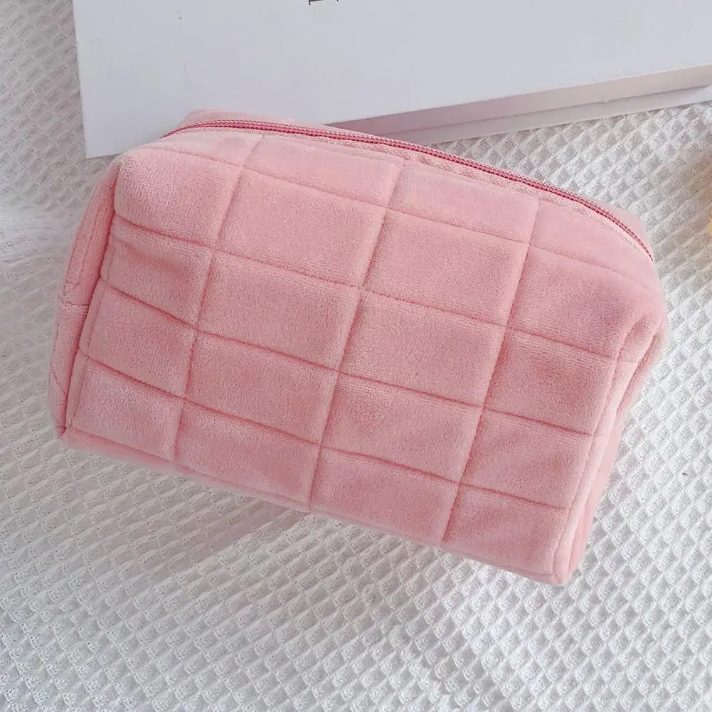 Bolsa de maquillaje de felpa bonita para mujer, bolsas de cosméticos pequeñas de viaje portátiles, bolsa de aseo con cremallera de Color sólido, bolsa de lavado, bolsas de almacenamiento