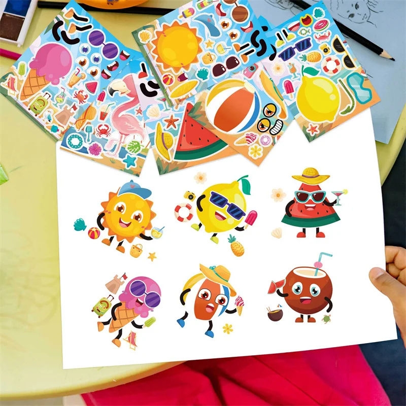 4-24Sheets Make A Face Stickers Children DIY Your Own Summer Fruit Ice Cream Cartoon Puzzle Stickers Kids Party Games Toys Gift