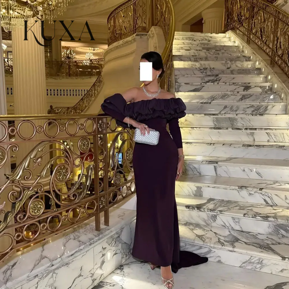 KUXA Lila schulterfreies Rüschen-Langarm-Meerjungfrauen-Abendkleid mit Schleppe – Luxuriöse formelle Ball- und Gala-Kleider für gehobene Partys 2026