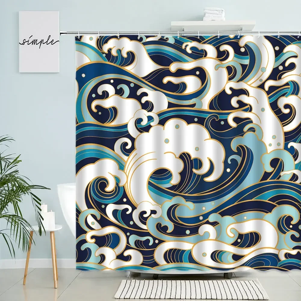 

Cartoon Ocean Wave Shower Curtain Mediterranean Sea Navigation Abstract Creative Theme Kid Bathroom Waterproof Screen Home Decor