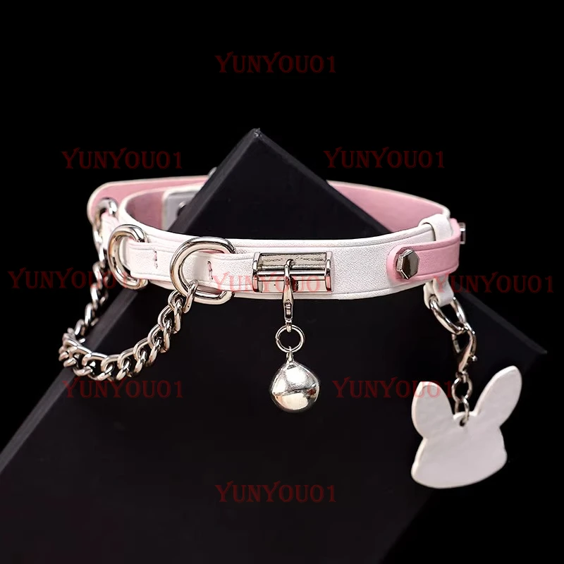 Genuine Leather Pink White Rabbit Collar Female M Bell Engraved Tag