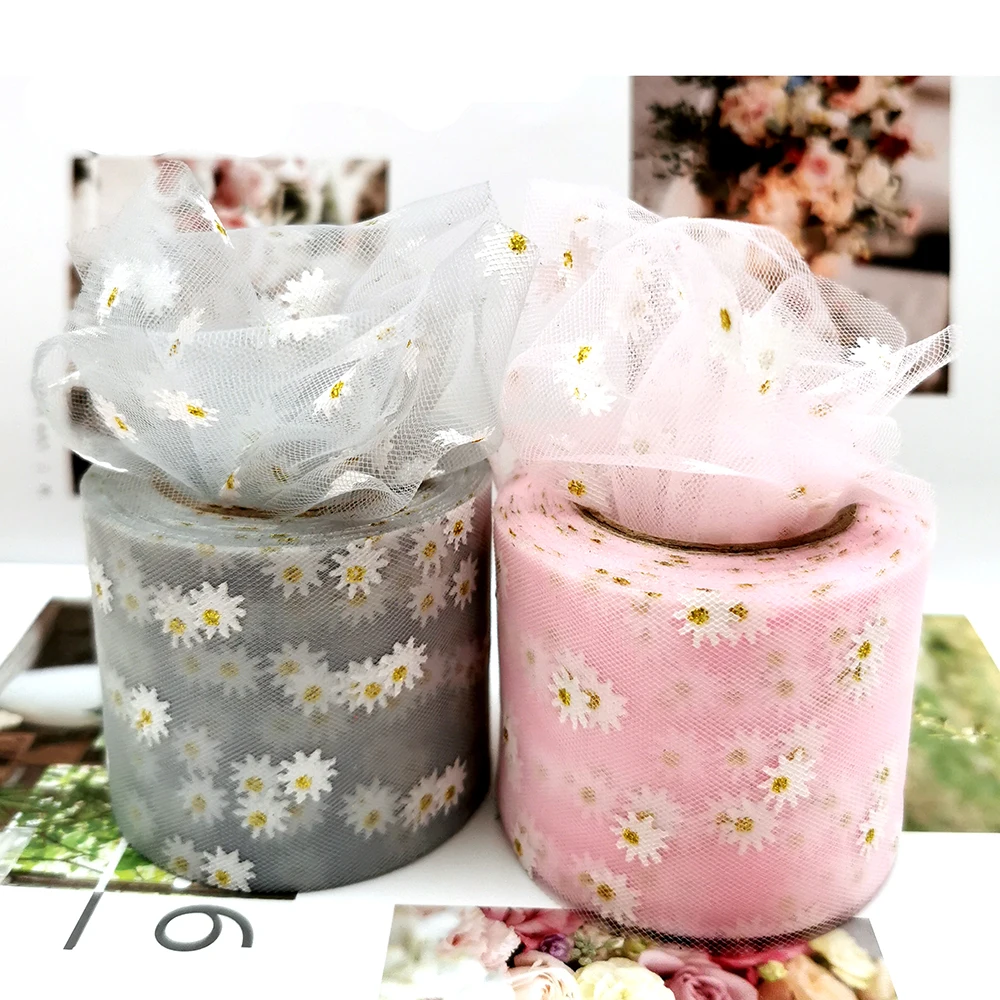 60mm Tulle Ribbon White Sunflower Printed Daisy Mesh Fabric Roll Floret Film Tape For Summer Girl\'s Bow Making Hairclip Bowknot