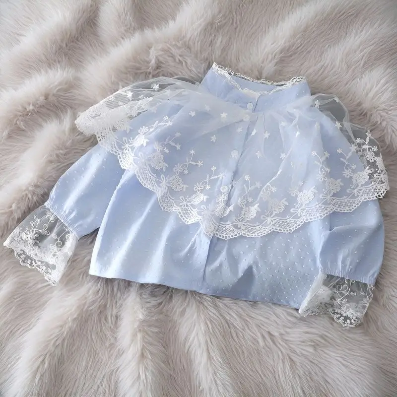 Children's Blue Stand Up Collar Long Sleeved Shirt with Spring Design for Baby Lace Patchwork Shirt, Niche Shawl Top Clothing