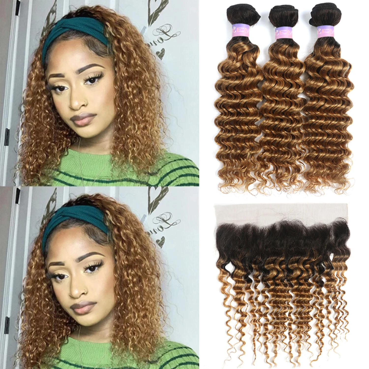 Tissage en Lot Brésilien Naturel Remy avec Closure, Cheveux Ondulés, Couleur Blond Ombré, 13x4