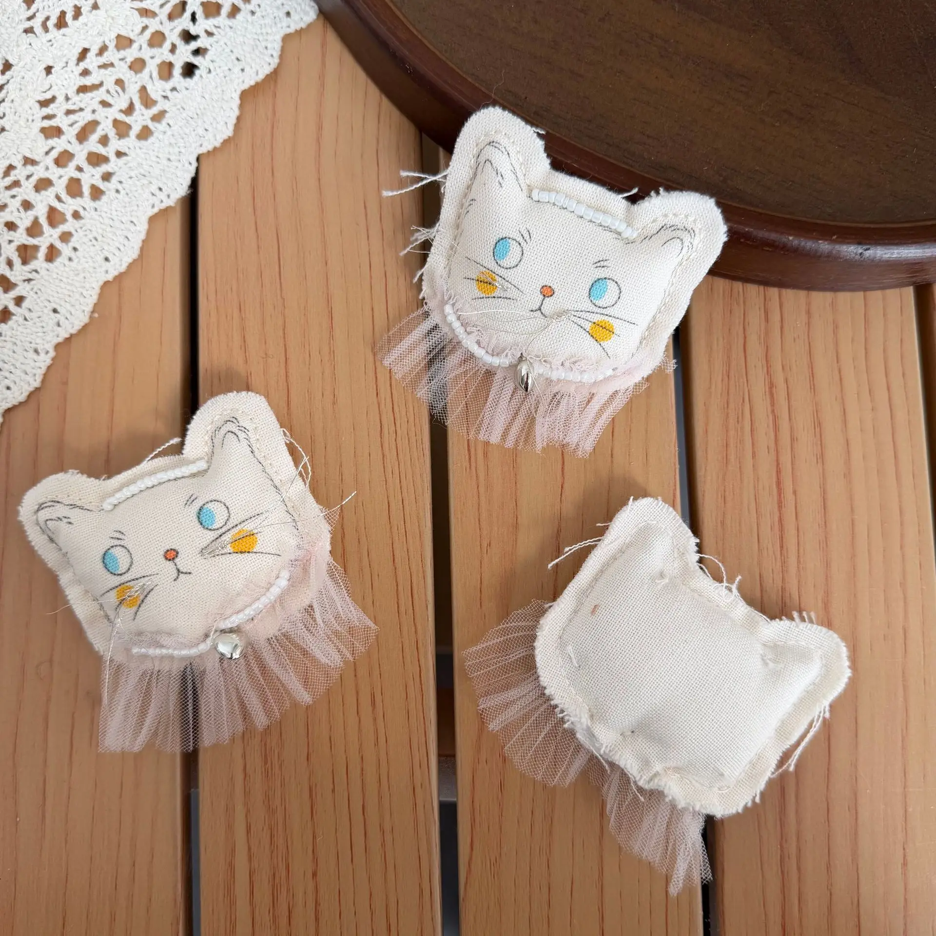 Plush Cartoon Cat DIY Pendant with Pearl Lace Fabric for Phone Case Bag Charm Keychain Purse Decoration