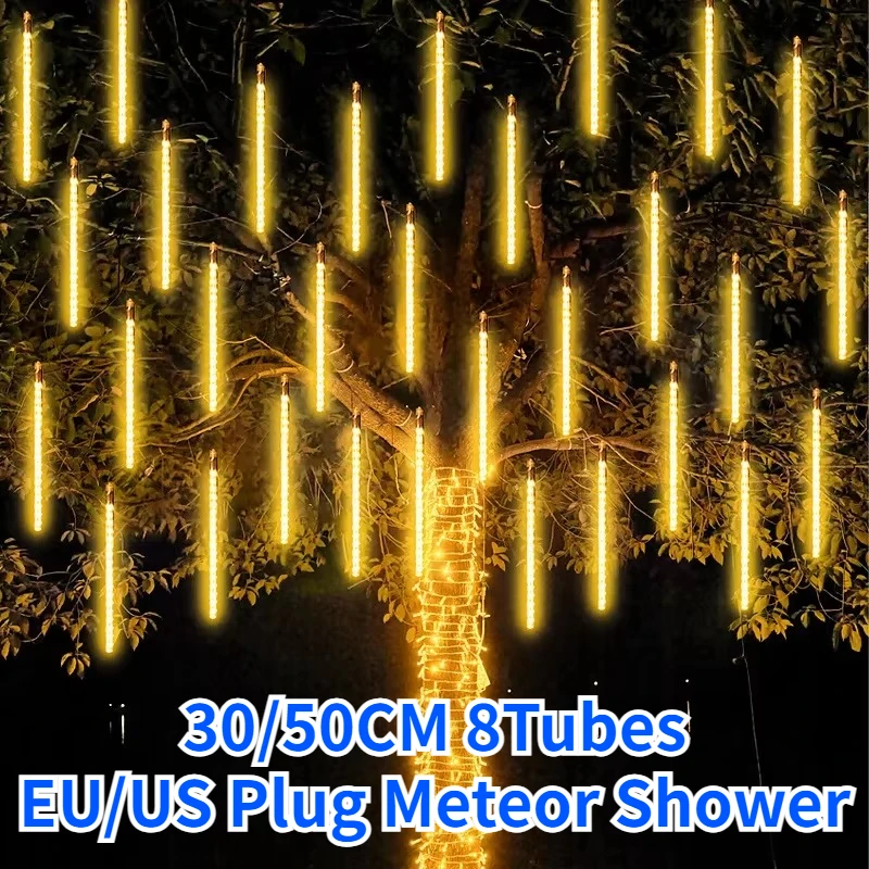 30CM LED Meteor Shower Rain Lights Waterproof Falling Raindrop Fairy String Light for Christmas Holiday Party Patio Decor