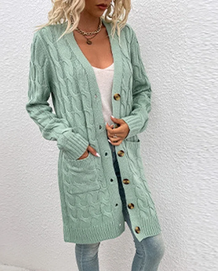 

Women's New Lazy Style Cardigan Autumn Winter Latest Long Sleeve Button Pocket Front Cable Knit Jacket Coat Open Front Top