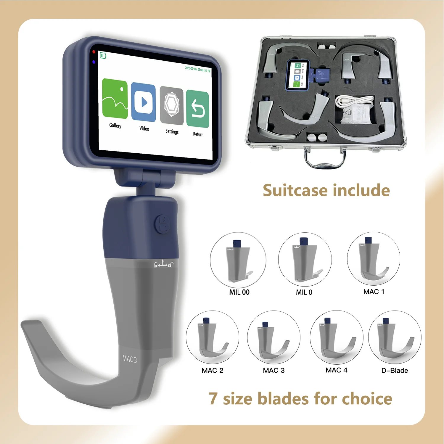 Anesthesia Video Laryngoscope with ETT Guide Channel, HD Touch Screen, Reusable Sterilizable MACC Blades in Any Combination