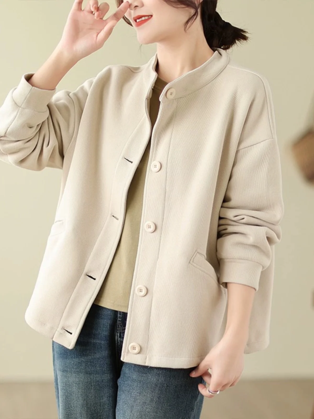 

Casual Loose Women's Baseball Jaet Stand Collar Button up Long Sve Pure Color Versatile Outerwear Brand End-of-Line