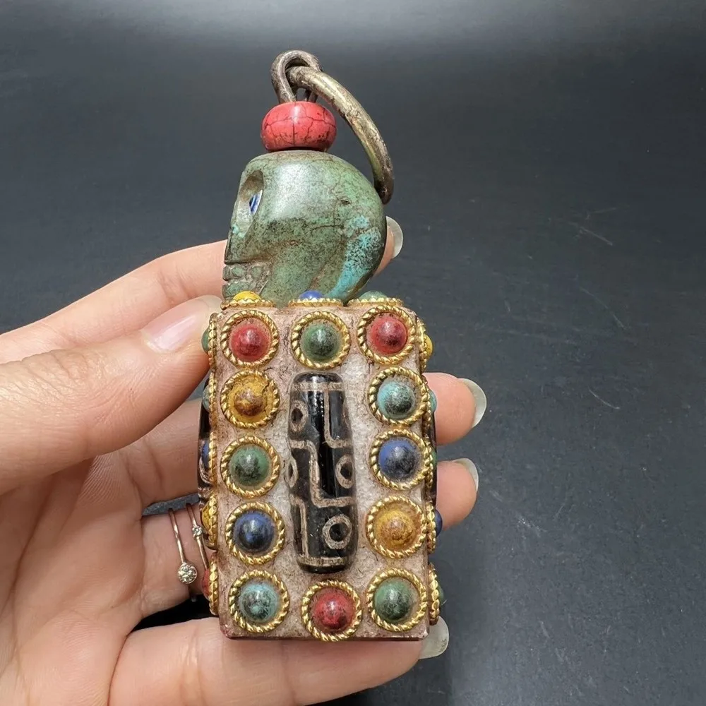 Antique Tibetan Black Iron Meteorite Inlaid with Duobao Dzi Beads Gemstone