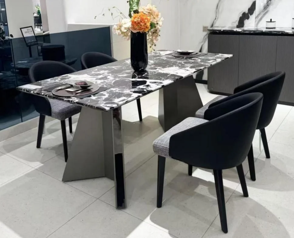 

#Black Imported Luxury Stone Rectangular Dining Table Guangdong Light Modern Natural Marble Top Dining Room Furniture Metal Legs