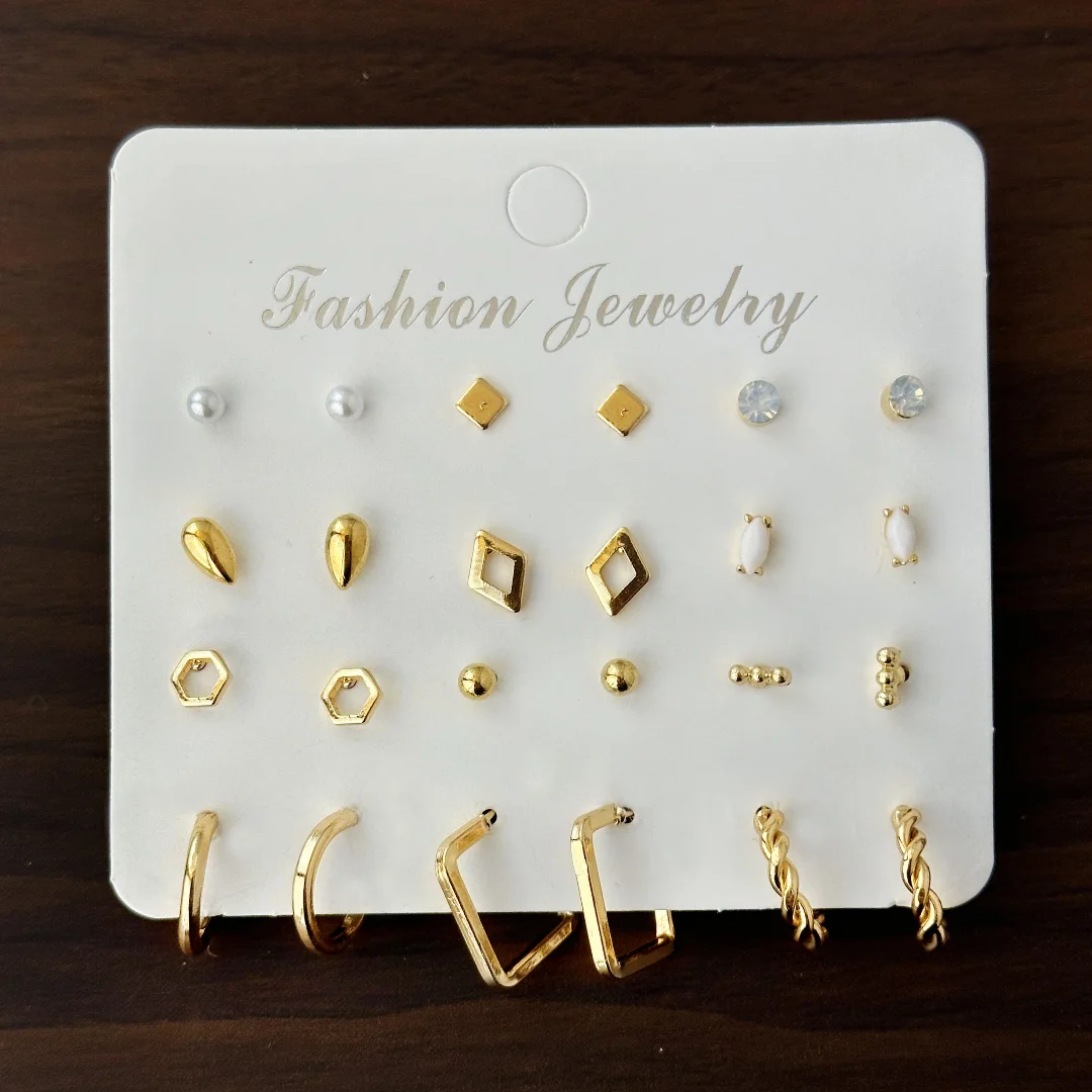 Cross border source earrings with diamond inlaid card earrings, alloy earrings 12 pairs combination set