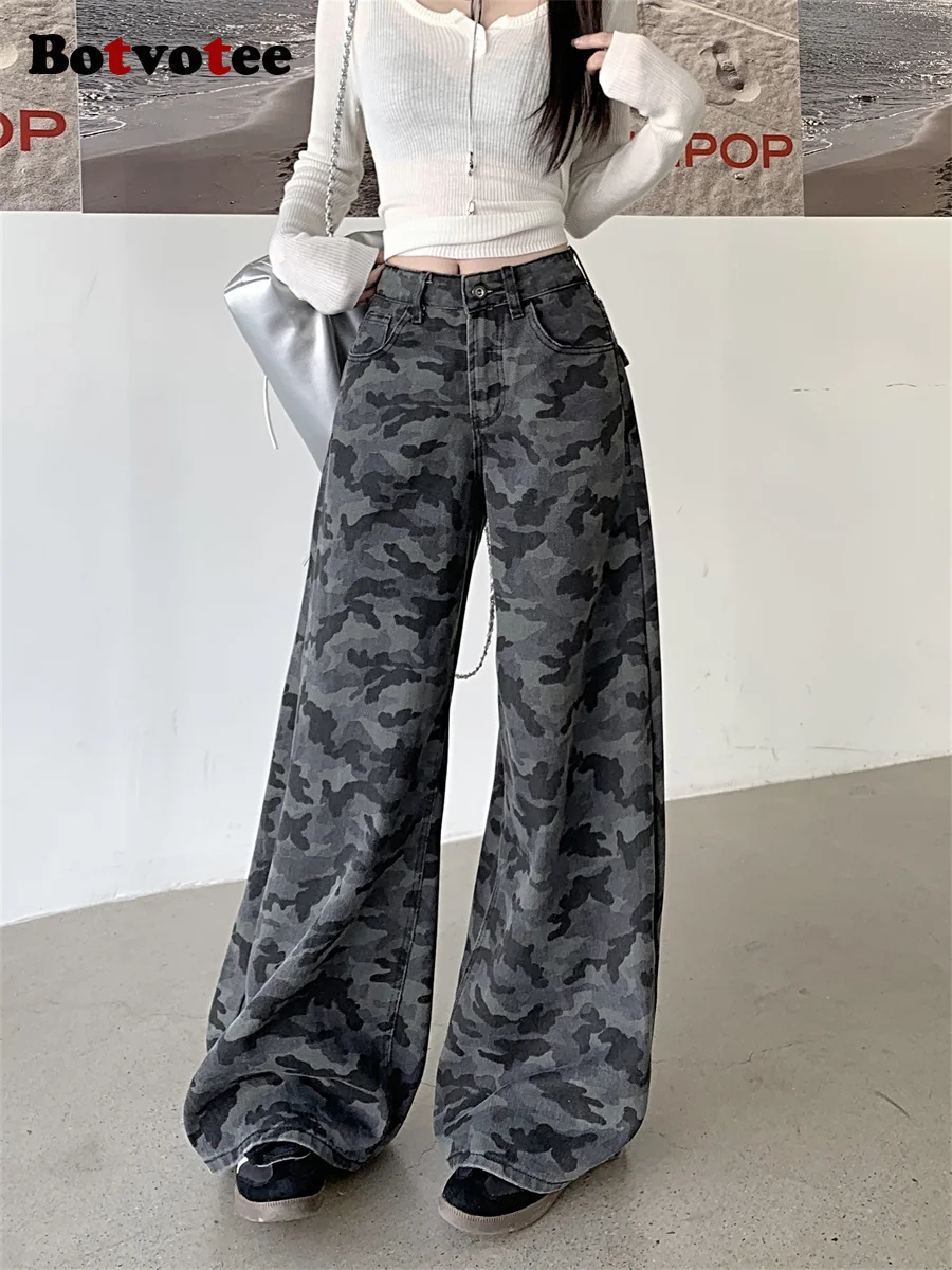 

Botvotee женские модные широкие джинсы с камуфляжным принтом и высокой талией, уличная одежда, джинсовые брюки, прямые длинные брюки, свободный крой Y2K