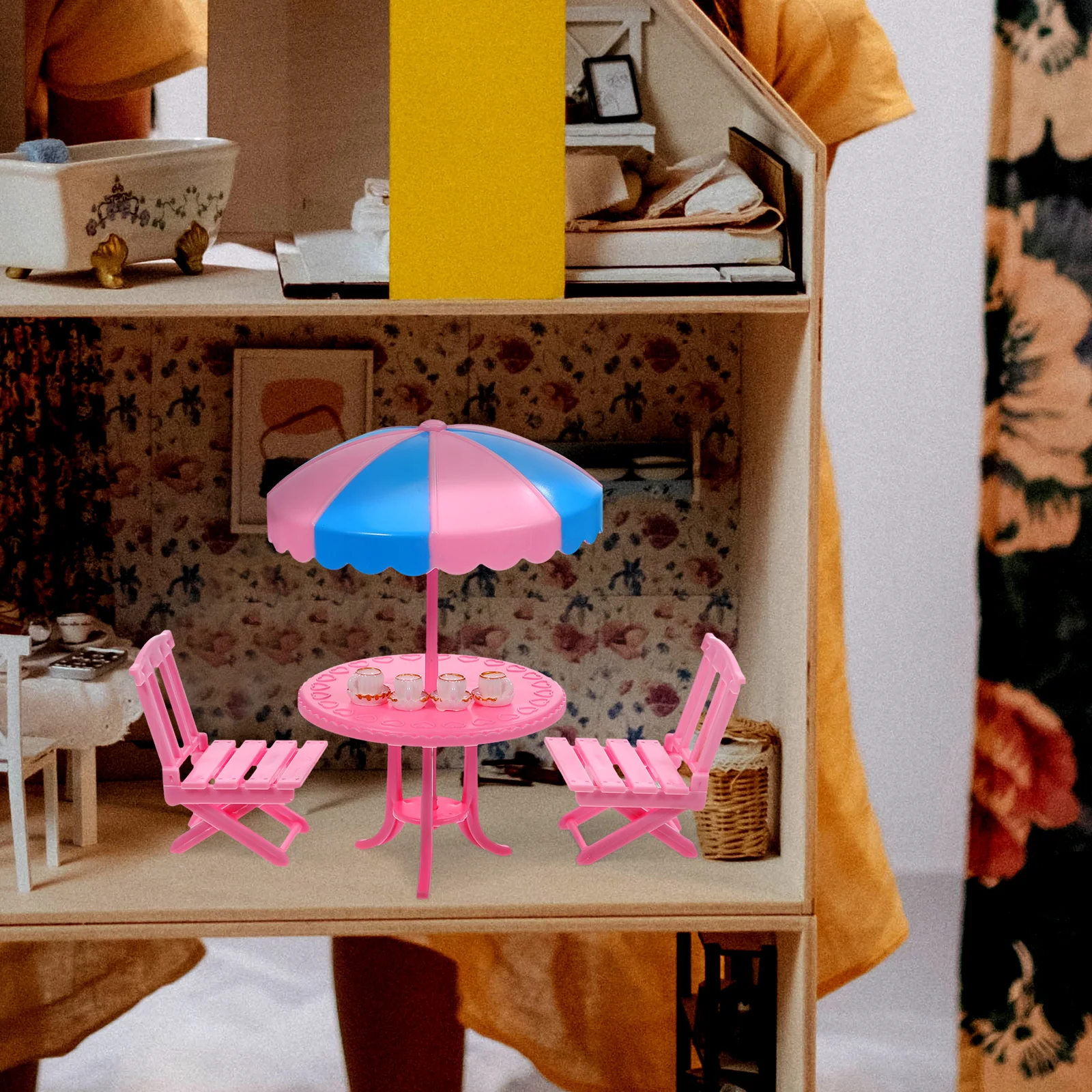 1Set Set Furnitur Lanskap Miniatur Plastik Kokoh Meja Mini Kursi Cangkir Kopi Aksesori Rumah Boneka Tambahan