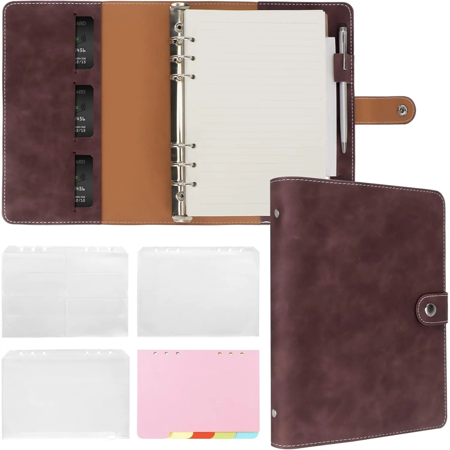 

A5 Refillable Planner Notebook with 6 Ring Binder, PU Leather Journal with Pockets and Dividers, Dark Brown