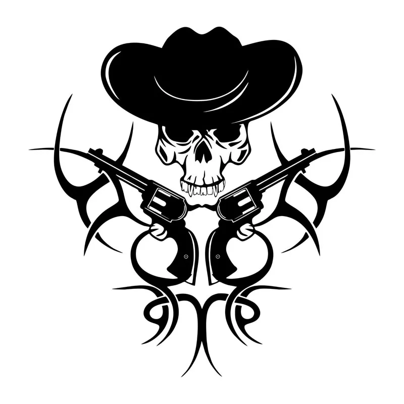 Tribal Fashion Cowboy Gun Skull Personality Car Stickers Pvc Decals Are Suitable for All Kinds of Cars Black/white, 23cm*23cm