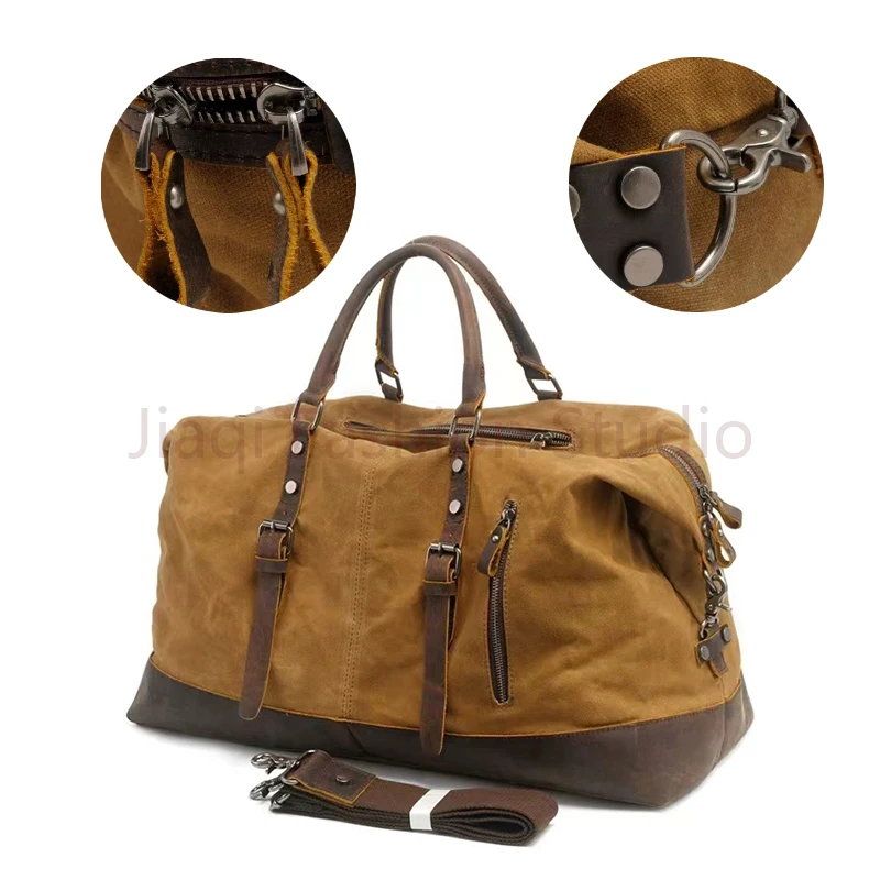 

Vintage military Canvas Leather men travel bags Carry on Luggage bags Men Duffel bags travel tote large weekend Bag Overnight