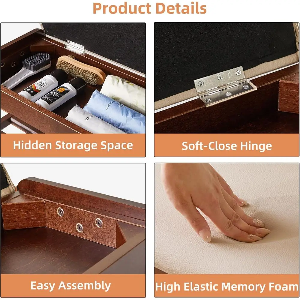 Walnut 2-Tier Shoe Bench with Cushion and Flip-Top Storage for Entryway and Hallway