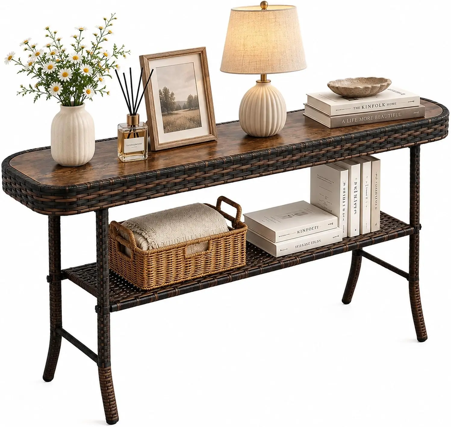 Entryway Table with Storage, 2-Tier 47'' Console Table with Woven Wrap | Rattan Brown