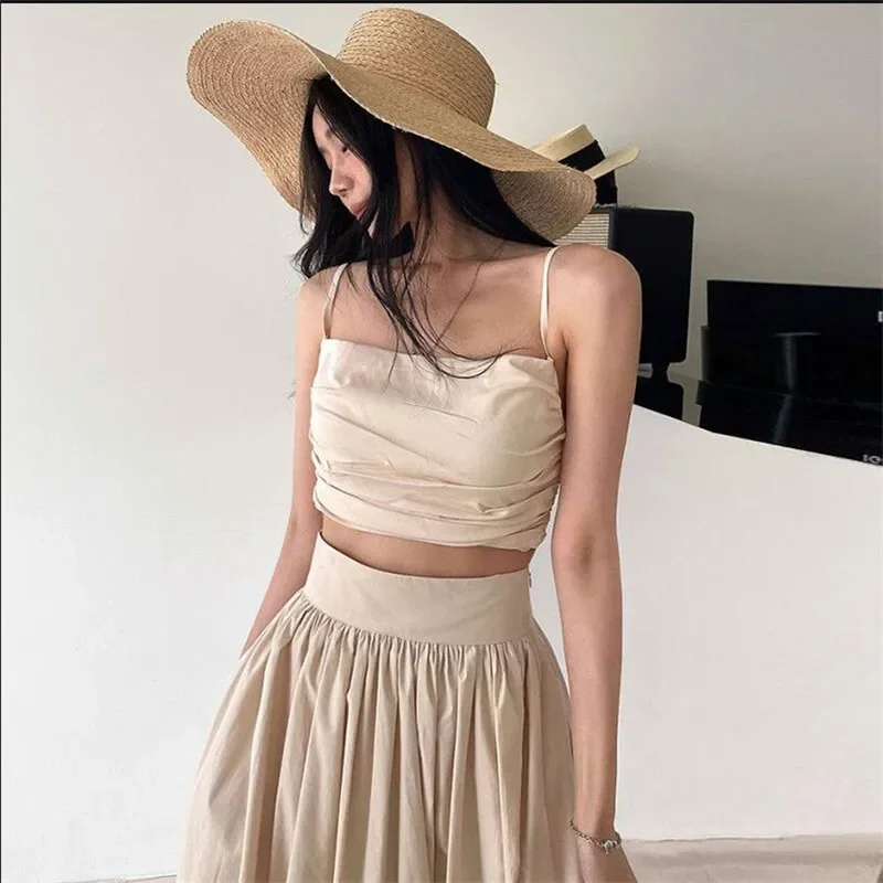 Summer Holiday Fashion Sexy 2 Piece Dress Sets Black Apricot Short Camis Tank Top&High Waist A Line Long Skirt Boho 2pc Suits